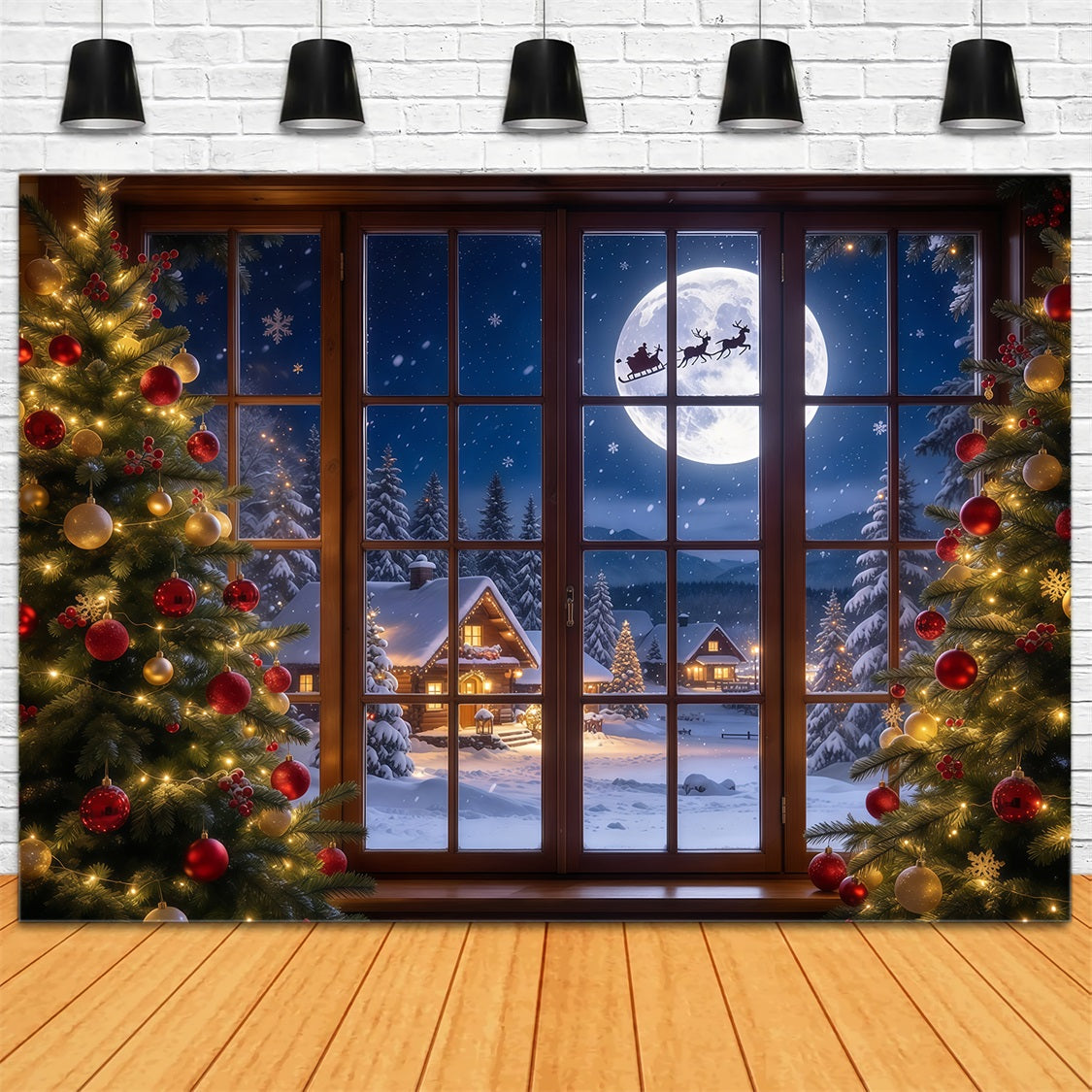 Christmas Window Scene Backdrop Moonlit Santa Sleigh Window 5x7 Christmas Backdrop UK GQ69-95