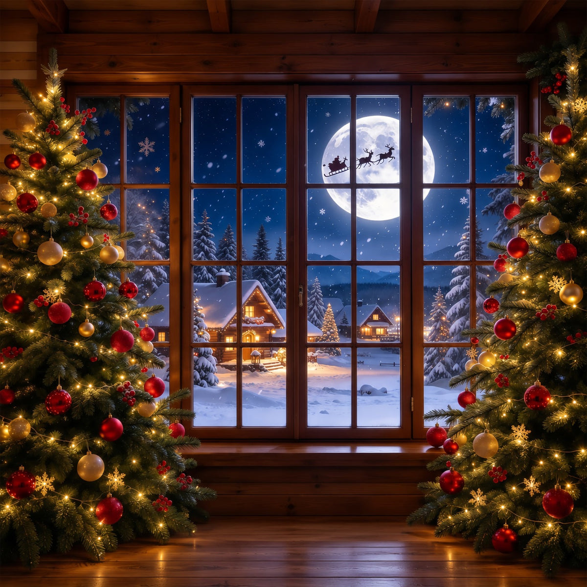Christmas Window Scene Backdrop Moonlit Santa Sleigh Window 5x7 Christmas Backdrop UK GQ69-95