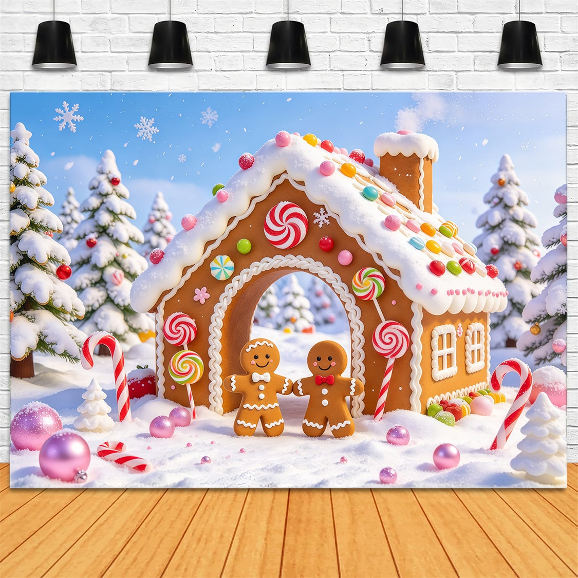 Christmas Candy Cane Backdrop Snowy Candy Cottage Gingerbread Man Backdrop UK GQ69-99