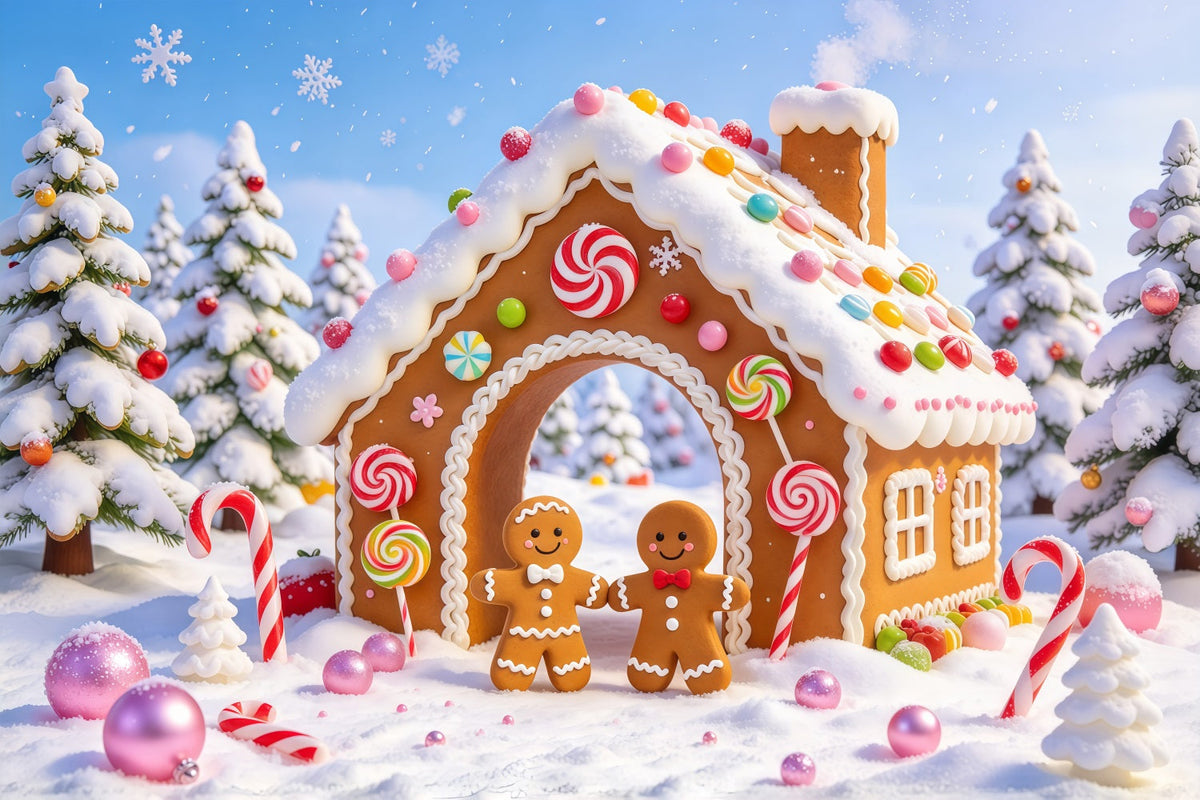 Christmas Candy Cane Backdrop Snowy Candy Cottage Gingerbread Man Backdrop UK GQ69-99