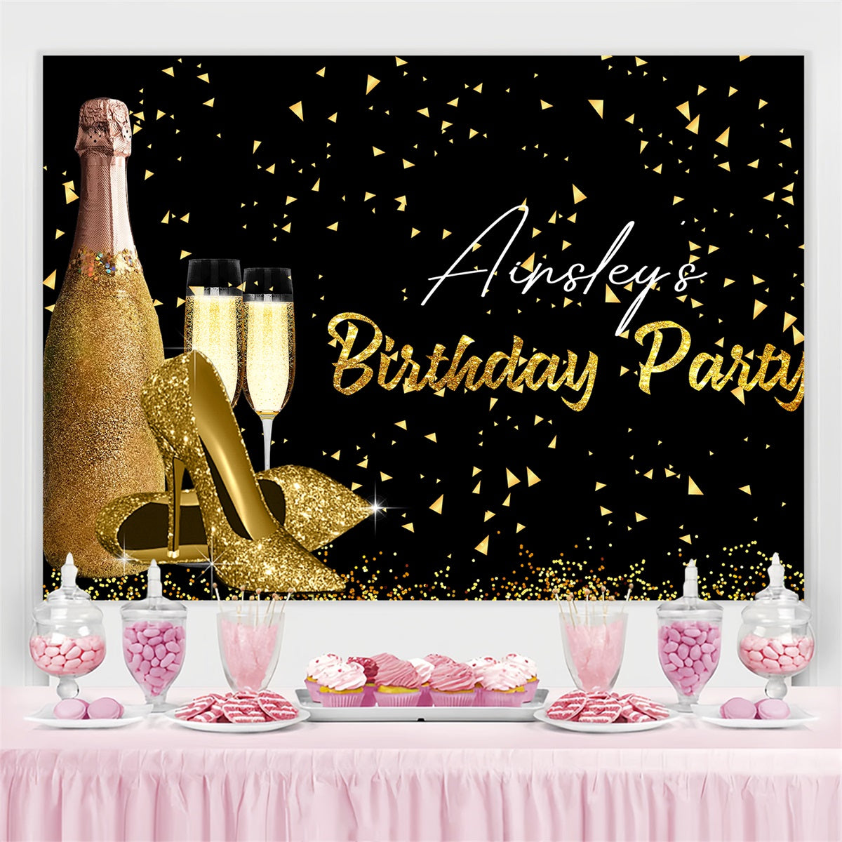 Personalized Birthday Backdrop Glitter Heels Champagne Backdrop UK GTY3-246