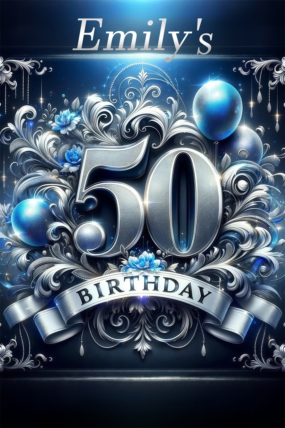 Personalized 50th Birthday Backdrop Silver Floral Celebration Backdrop UK GTY3-251