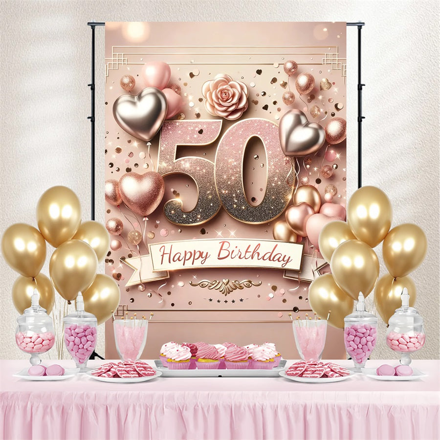 50th Birthday Backdrop Heart Balloon Pink Personalized Backdrop UK GTY3-252