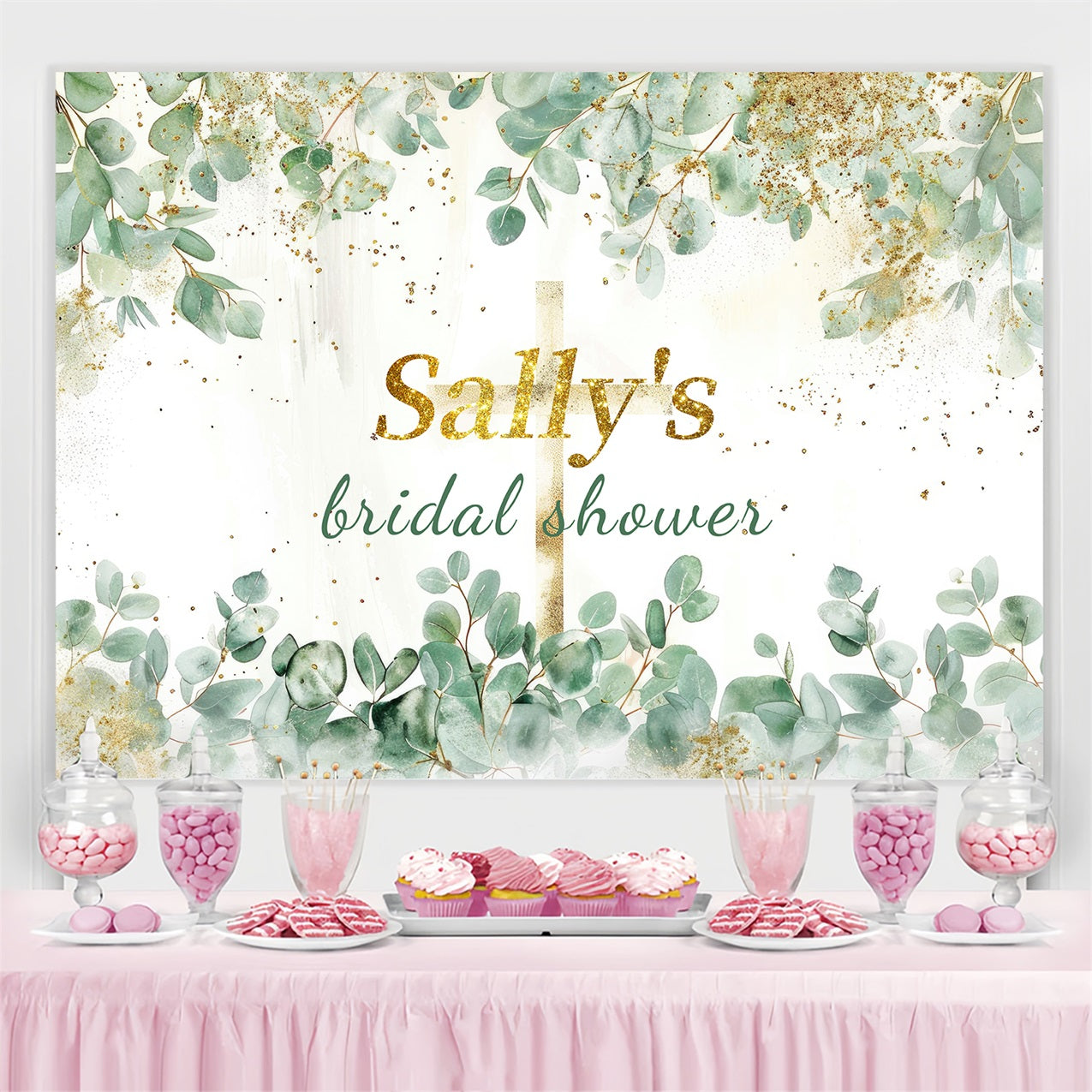 Bridal Shower Backdrop Glittering Green Leaves Custom Backdrop UK GTY3-271