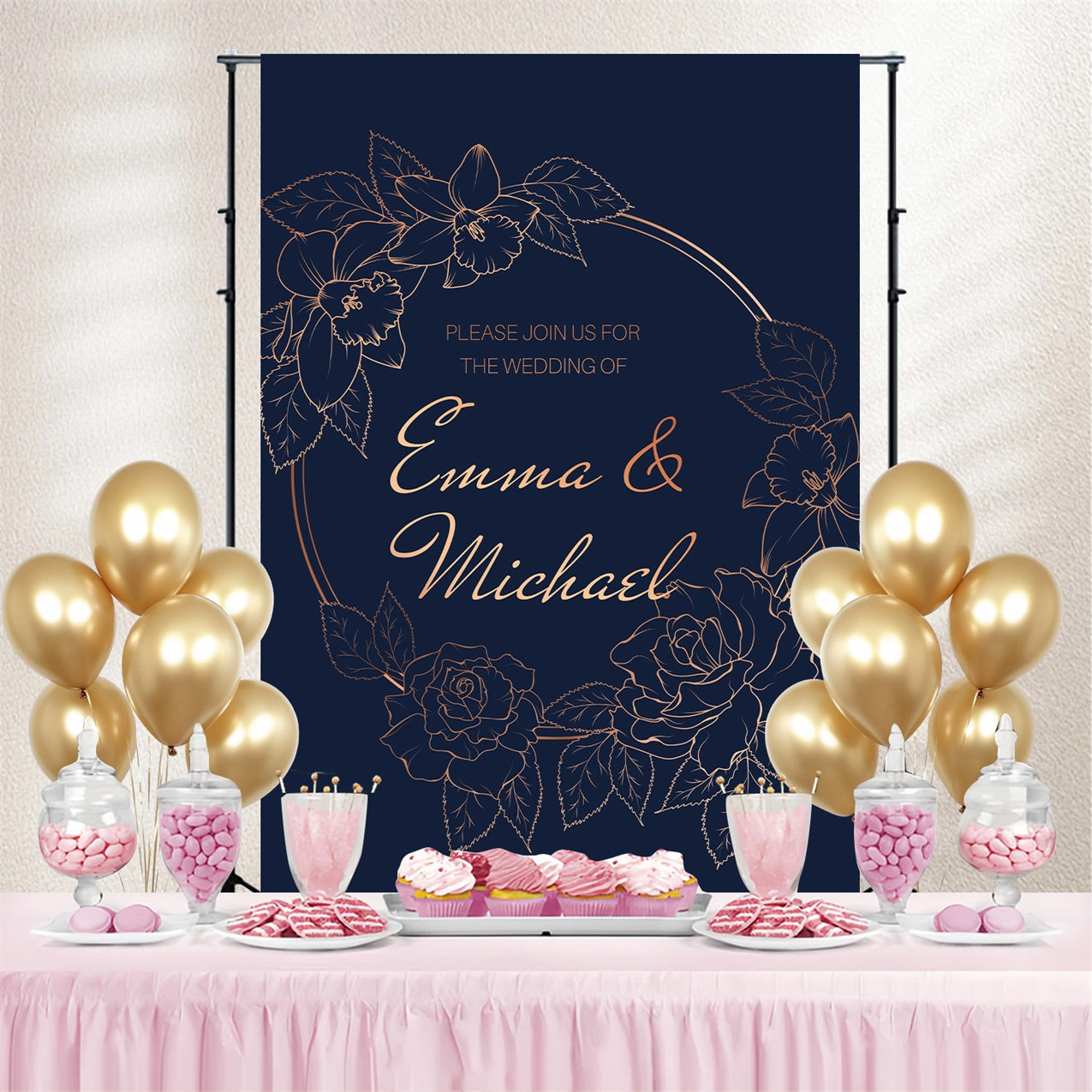 Wedding Backdrops Dark Blue Floral Personalised Backdrop UK GTY3-274