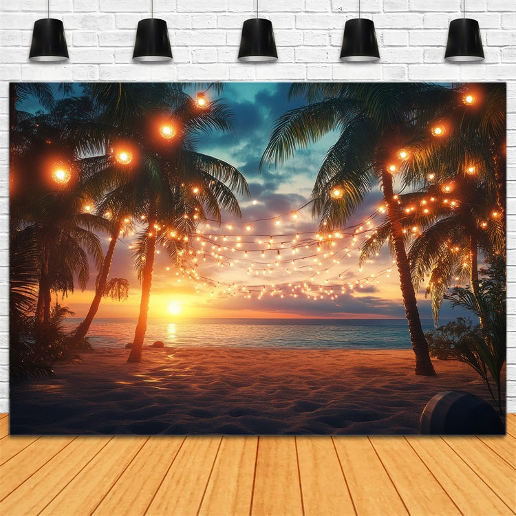 Beach Photo Backdrop Sunset Palm String Light Summer Backdrop UK GTY3-281
