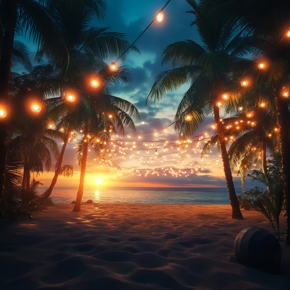 Beach Photo Backdrop Sunset Palm String Light Summer Backdrop UK GTY3-281