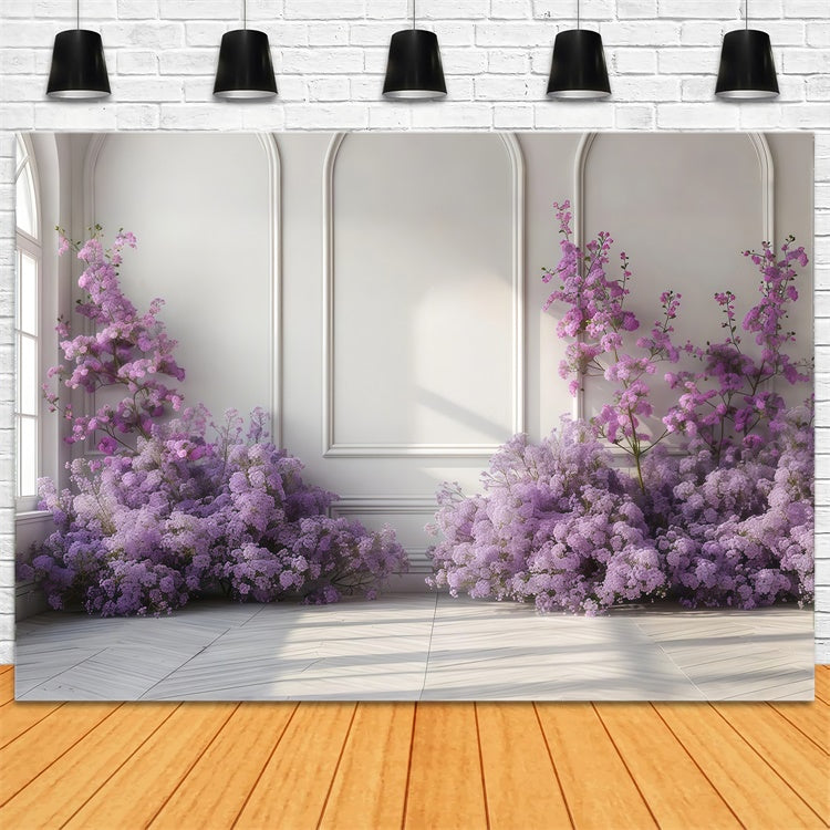 Purple Flowers Backdrop Graceful Purple Floral White Wall Backdrop UK GTY3-35
