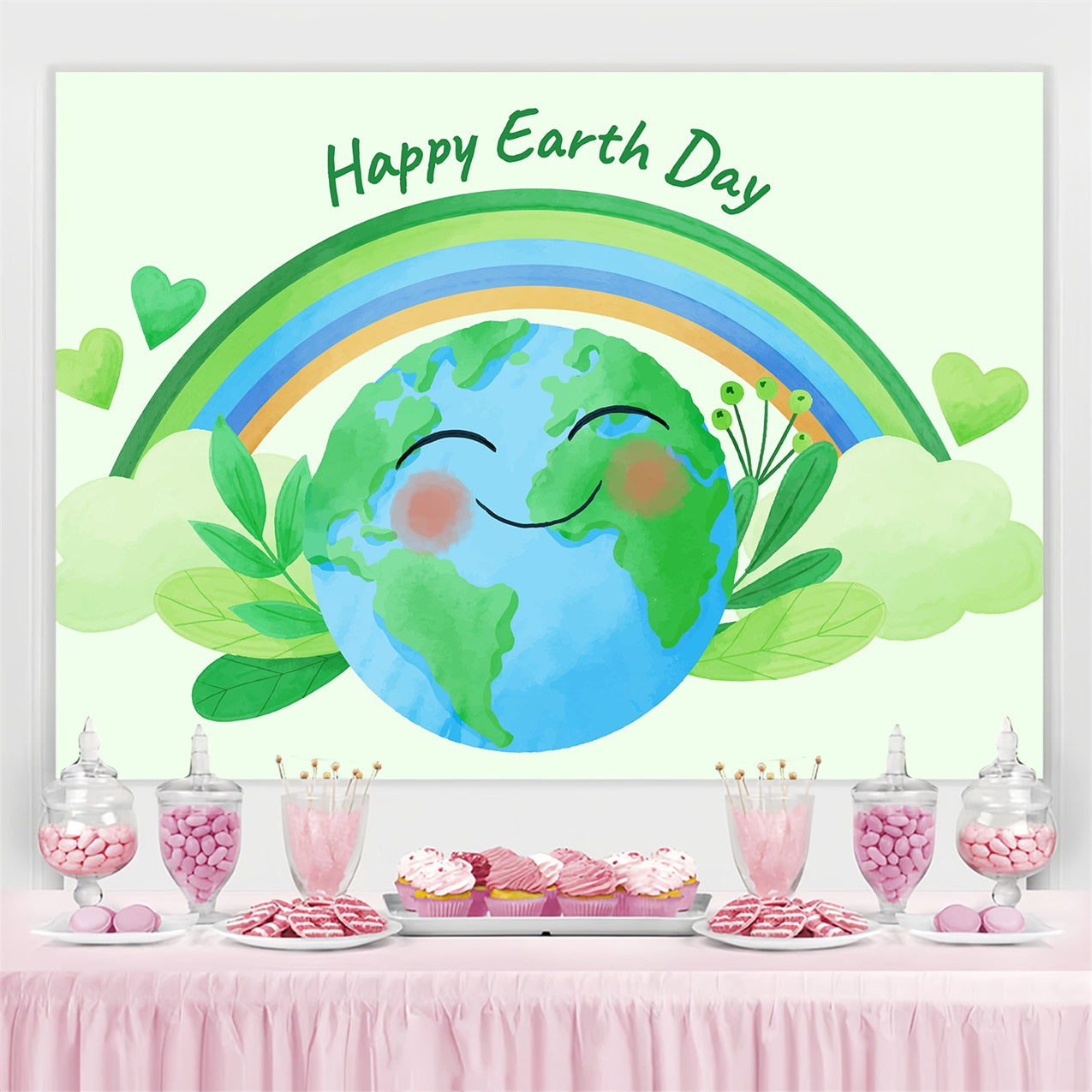 Happy Earth Day Backdrop Smiling Planet Green Leaves Theme Backdrop UK GTY3-43