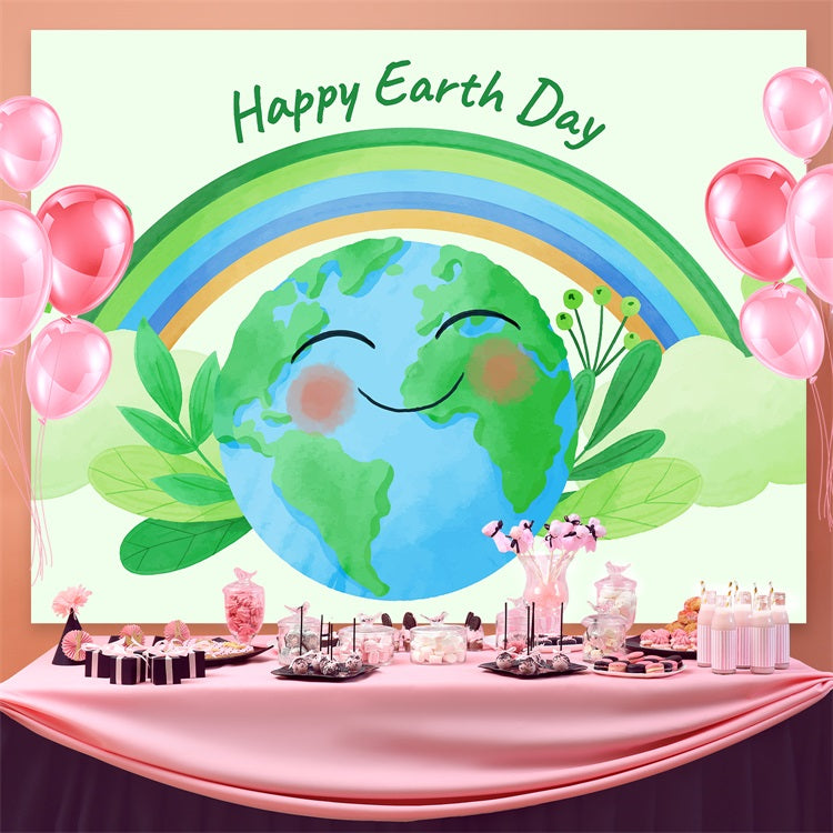 Happy Earth Day Backdrop Smiling Planet Green Leaves Theme Backdrop UK GTY3-43