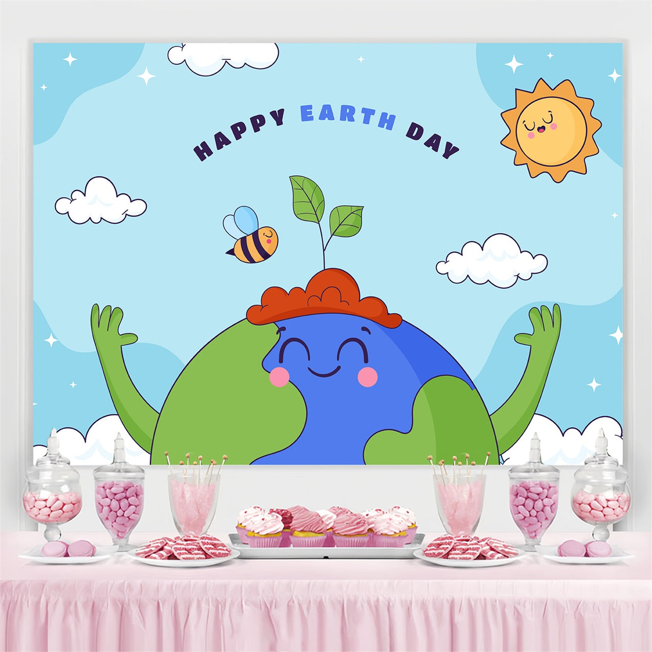 Happy Earth Day Backdrop Cartoon Earth Green Hands Backdrop UK GTY3-45