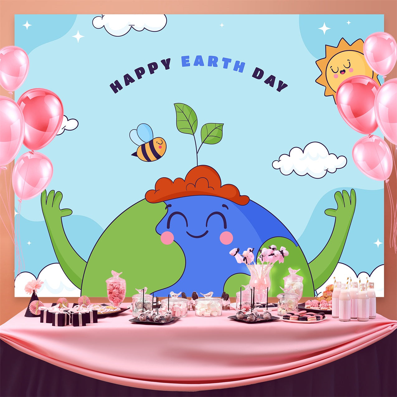 Happy Earth Day Backdrop Cartoon Earth Green Hands Backdrop UK GTY3-45