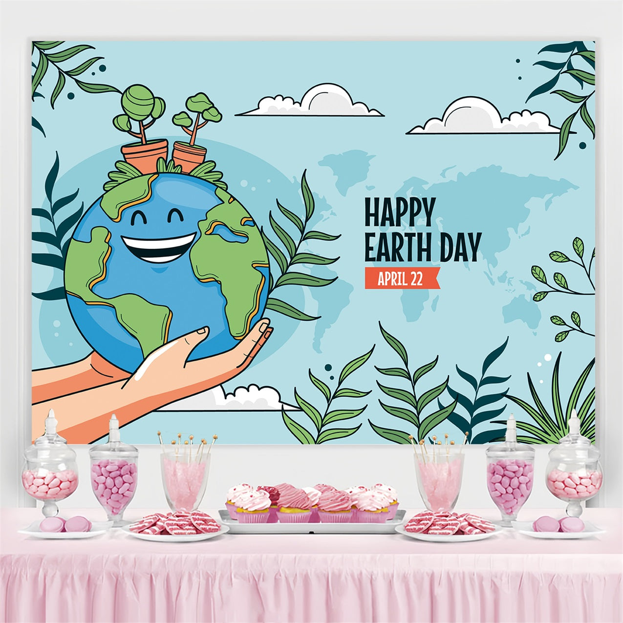 Happy Earth Day Backdrop Smiling Earth Hands Holding Backdrop UK GTY3-46