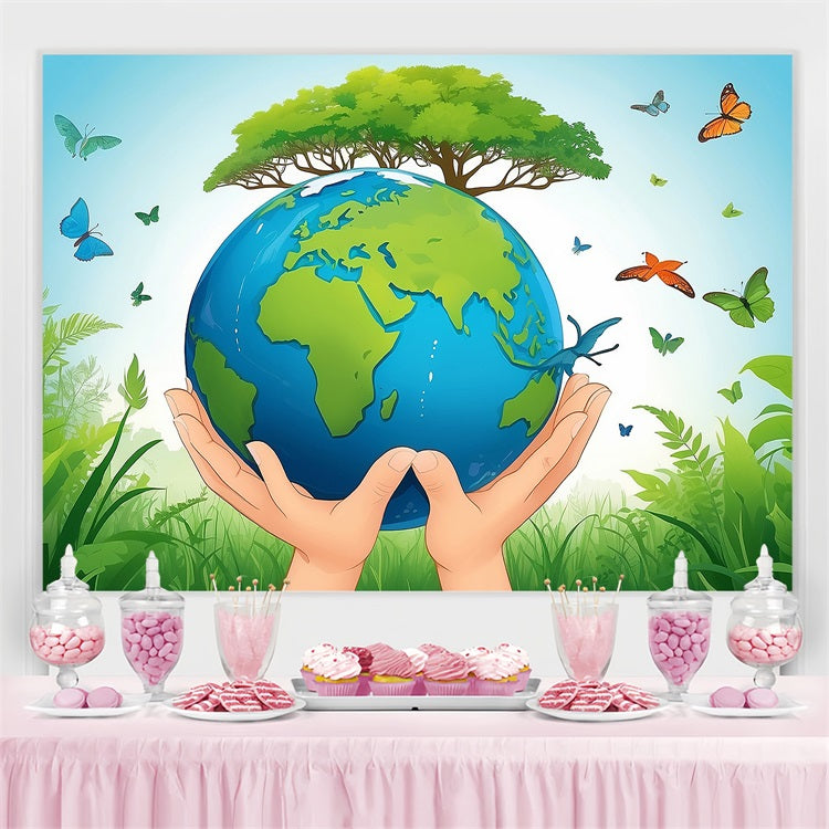 Happy Earth Day Backdrop Hands Protecting Earth Greenery Backdrop UK GTY3-49