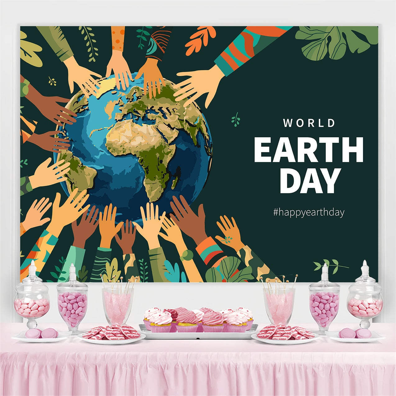 Happy Earth Day Backdrop Hands Around the World Backdrop UK GTY3-54