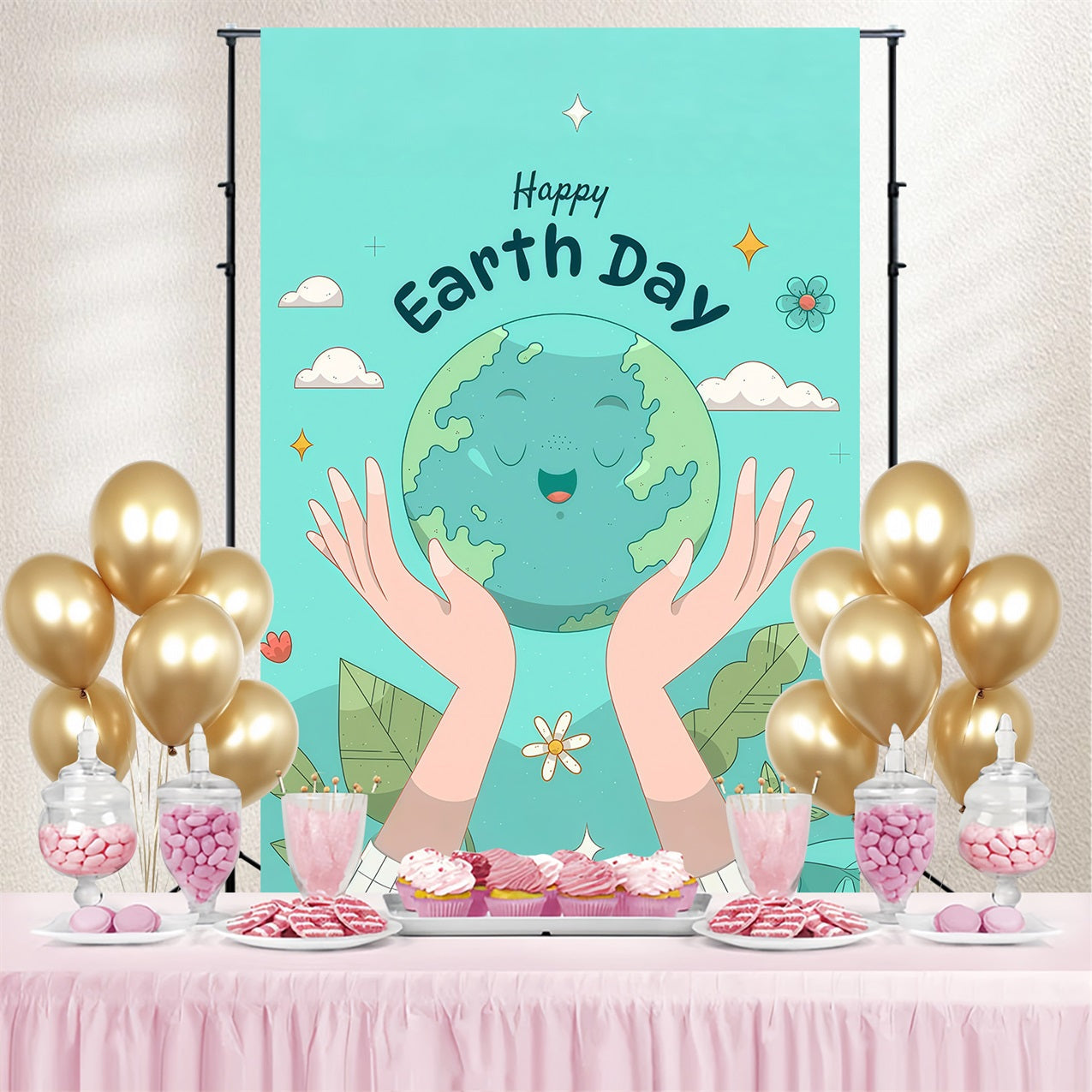 Happy Earth Day Backdrop Cute Smiling Earth with Hands Backdrop UK GTY3-64