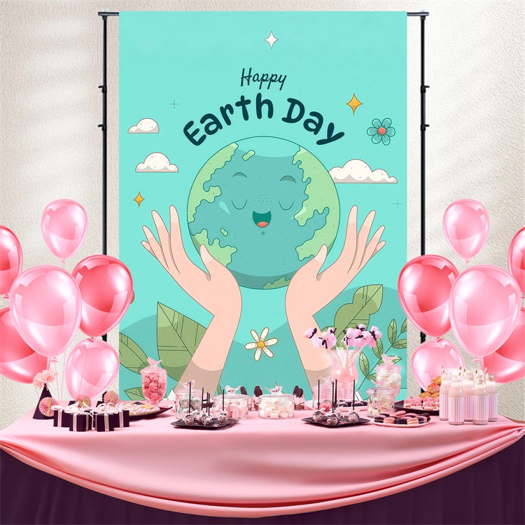 Happy Earth Day Backdrop Cute Smiling Earth with Hands Backdrop UK GTY3-64