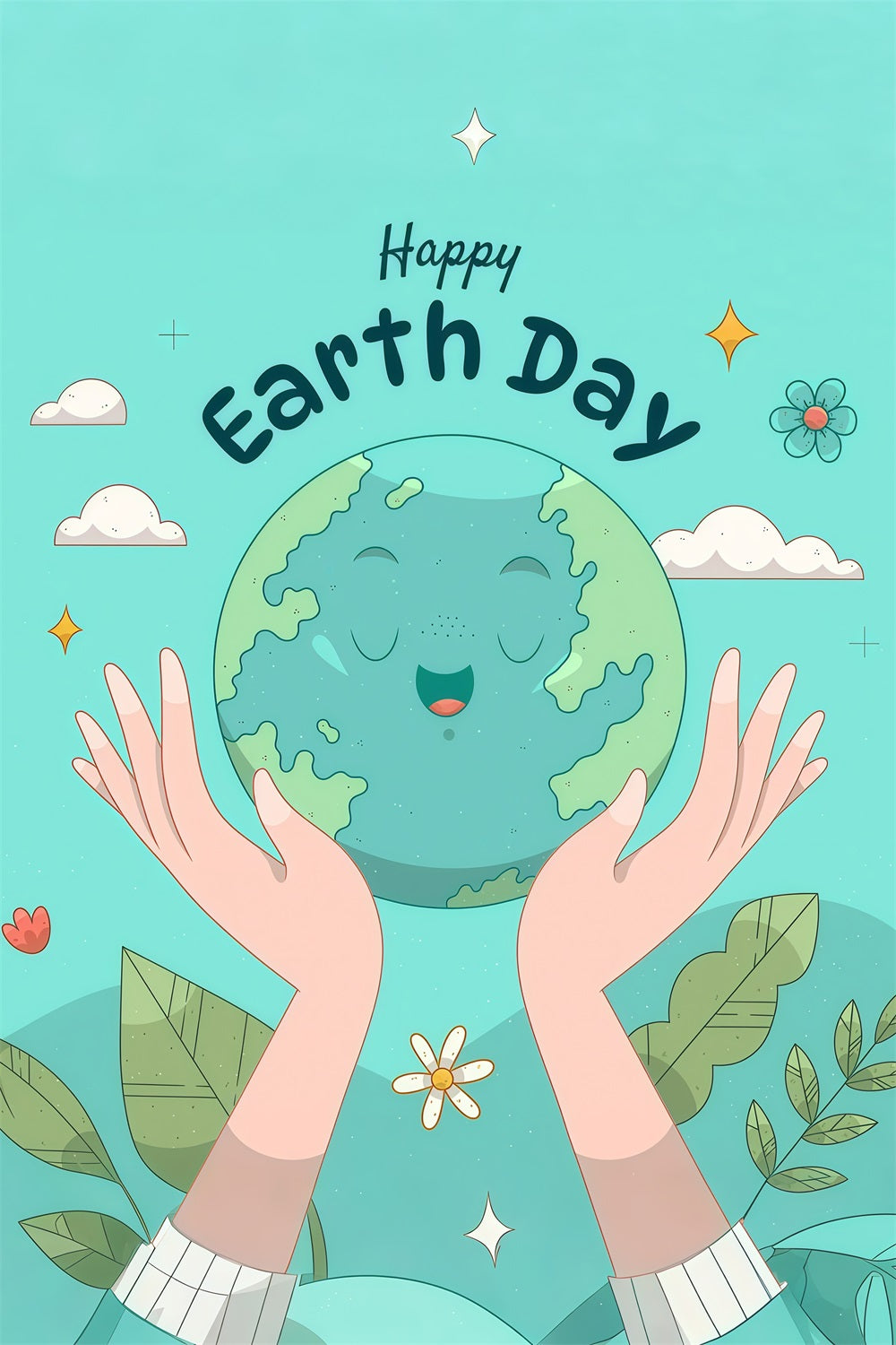 Happy Earth Day Backdrop Cute Smiling Earth with Hands Backdrop UK GTY3-64
