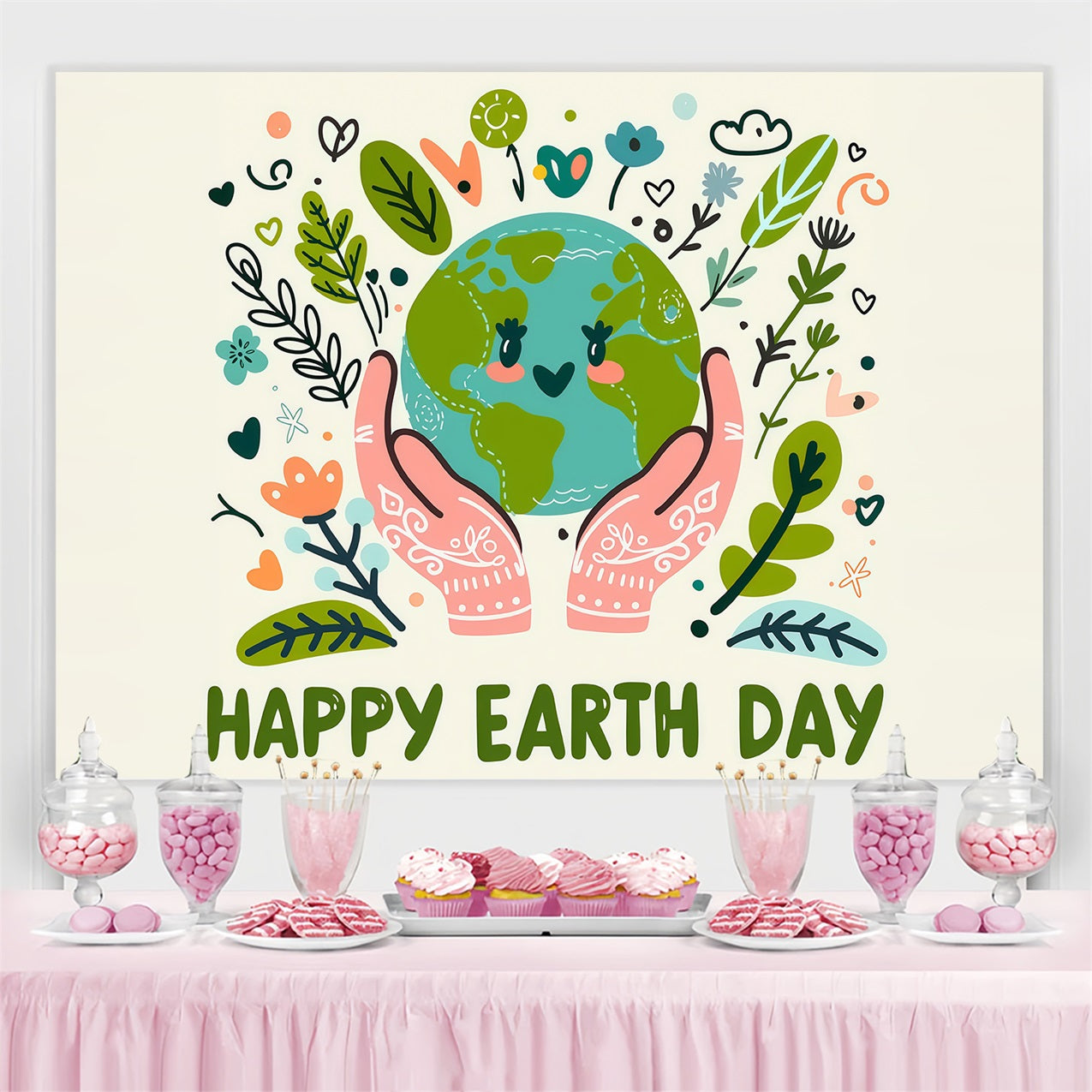 Happy Earth Day Backdrop Floral Love Hand Drawn Backdrop UK GTY3-68