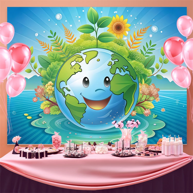 Happy Earth Day Backdrop Smiling Earth Surrounded Nature Backdrop UK GTY3-70