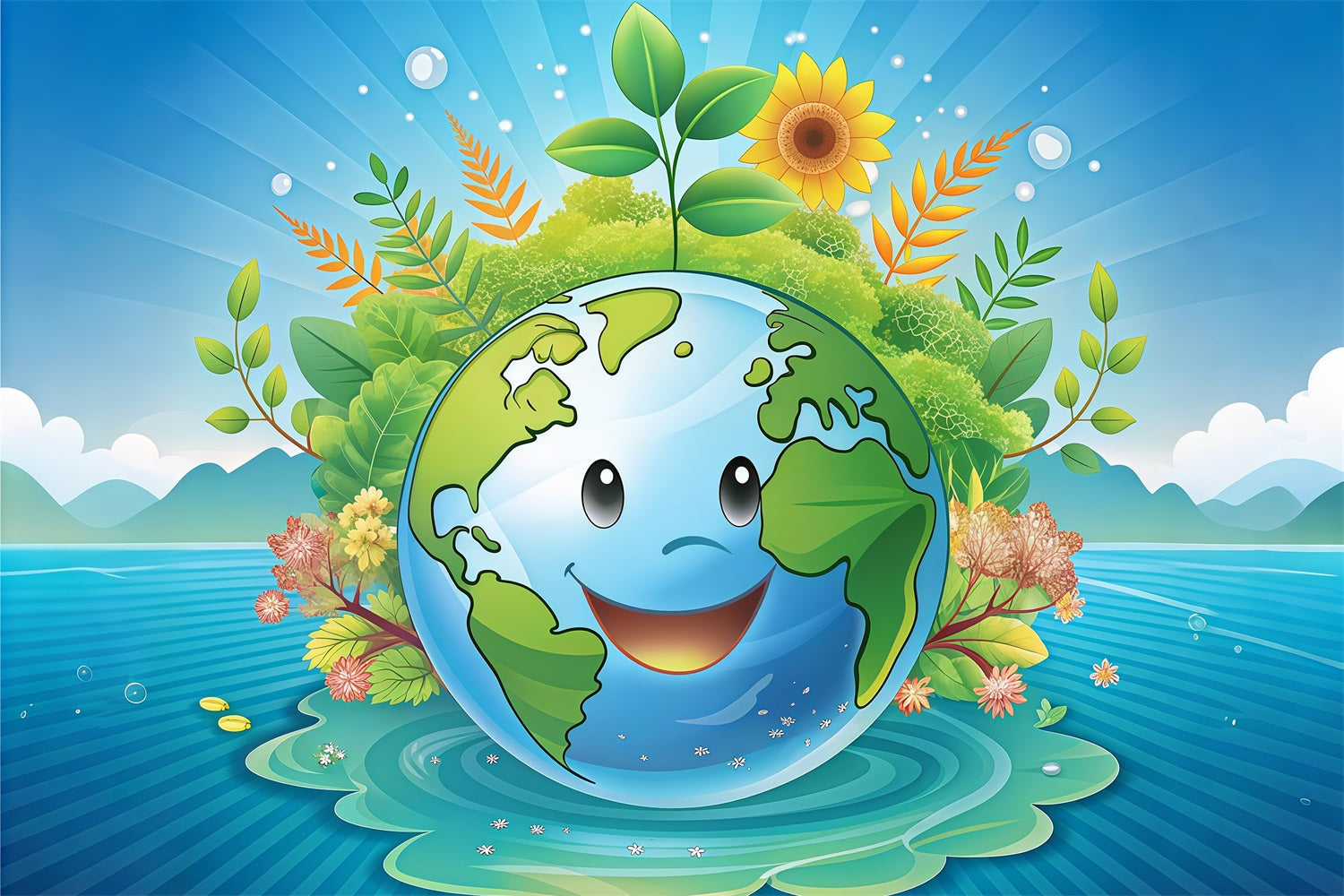Happy Earth Day Backdrop Smiling Earth Surrounded Nature Backdrop UK GTY3-70