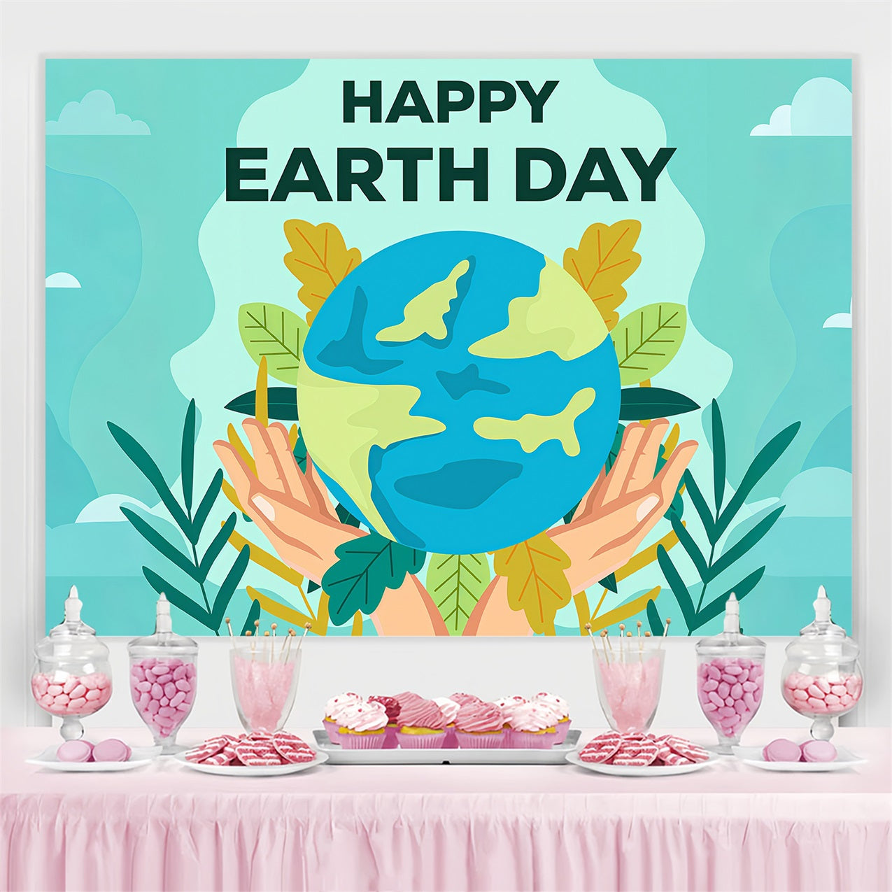 Happy Earth Day Backdrop Greenery Hands Holding Earth Backdrop UK GTY3-72