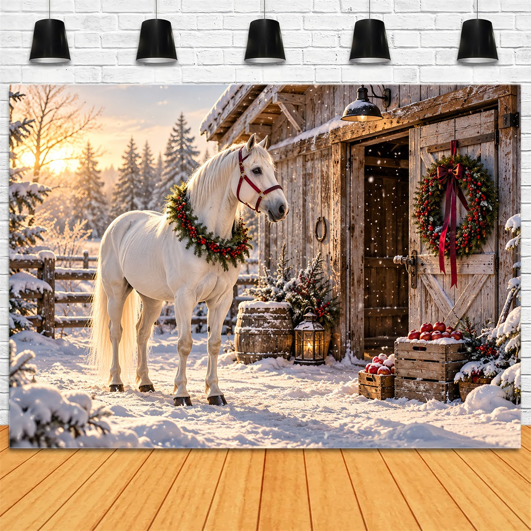 Western Christmas Backdrop White Horse Festive Barn Christmas Backdrop Photoshoot UK HQ610-152