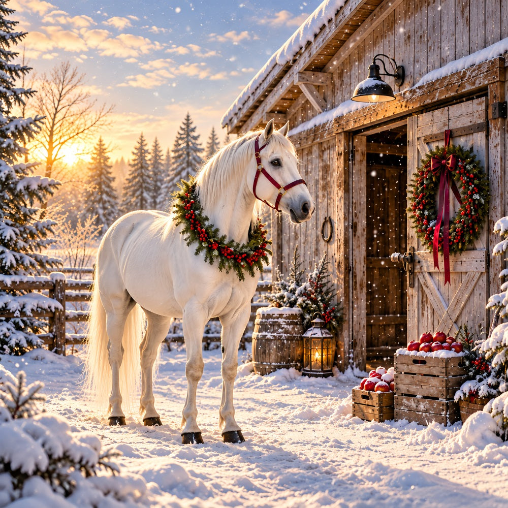 Western Christmas Backdrop White Horse Festive Barn Christmas Backdrop Photoshoot UK HQ610-152