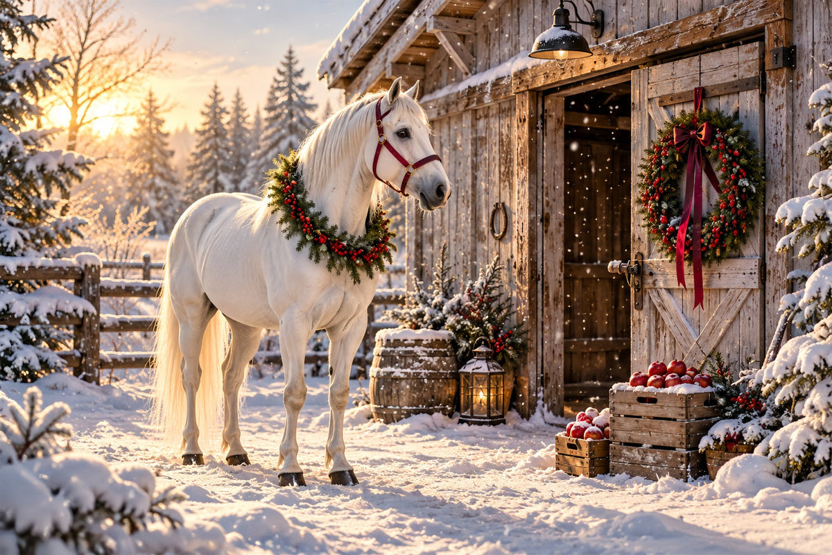 Western Christmas Backdrop White Horse Festive Barn Christmas Backdrop Photoshoot UK HQ610-152