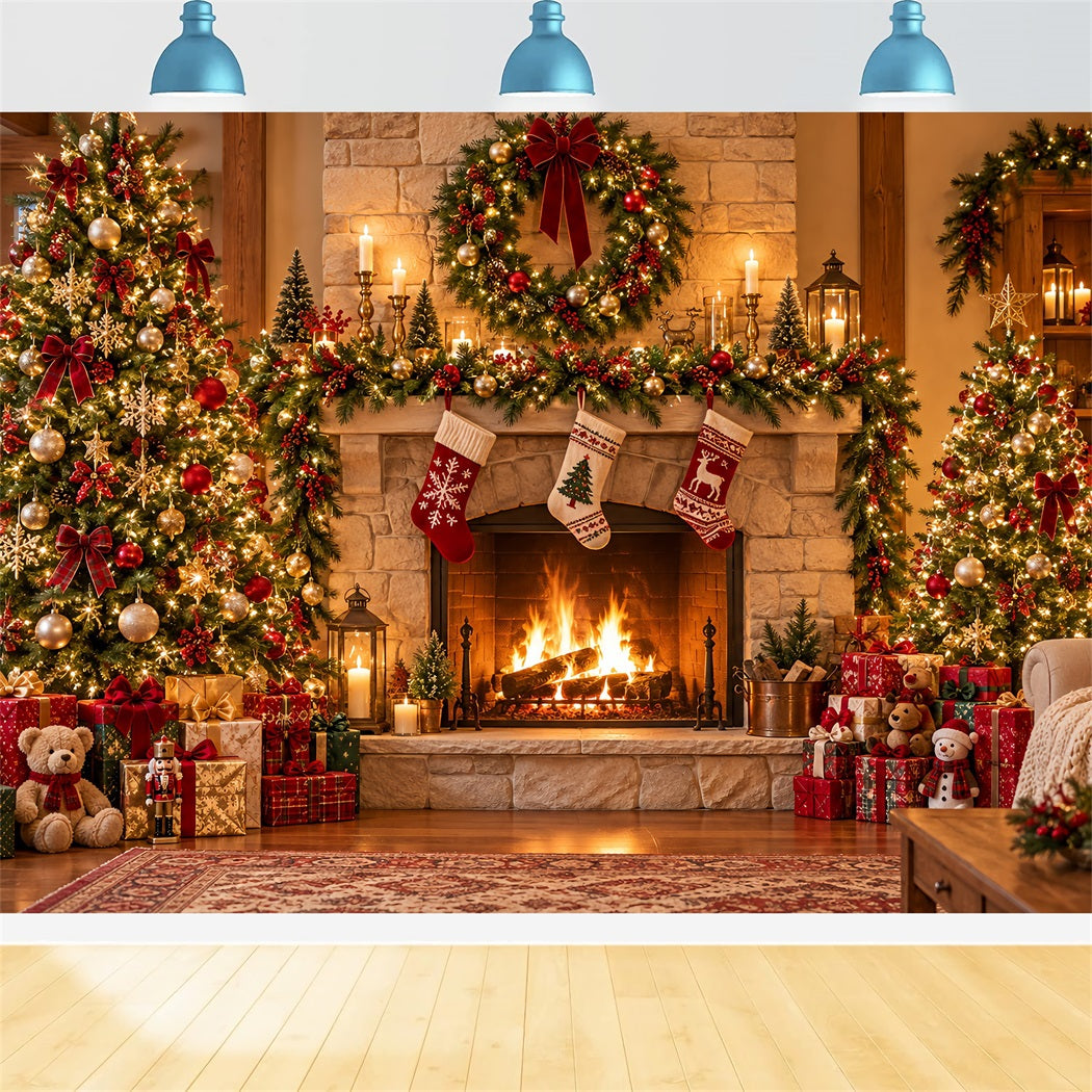 Santa Photo Backdrop Rustic Fireplace Stocking Mantel Christmas Village Backdrop Ideas UK HQ610-153