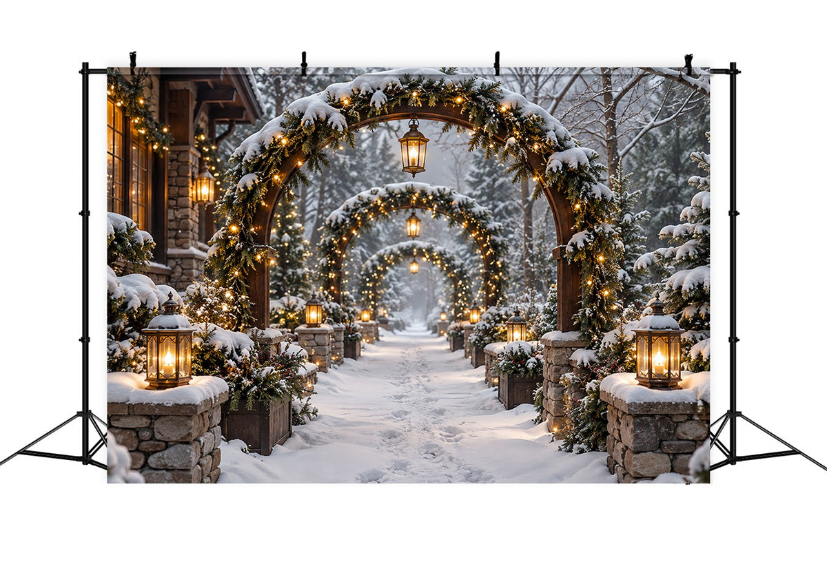 Christmas Arch Backdrop Snowy Stone Lantern Archway Xmas Photo Backdrops UK HQ610-154