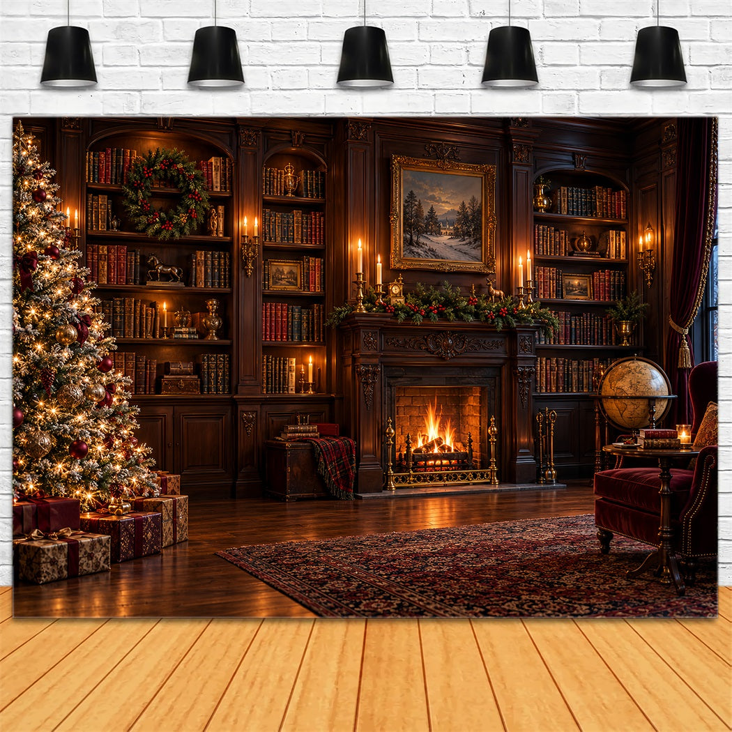 Victorian Christmas Backdrops Vintage Fireplace Library Christmas Holiday Backdrops UK HQ610-158