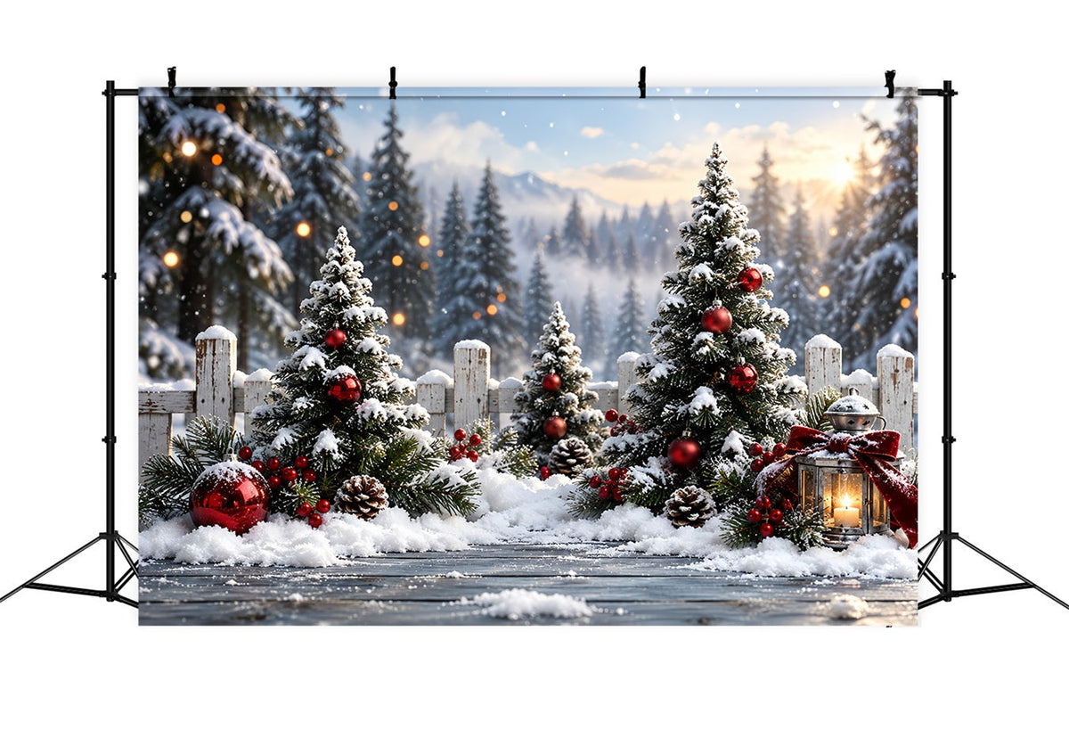 Christmas Tree Forest Backdrop Snowy Red Ornament Fence Xmas Backdrop for Photos UK HQ610-159