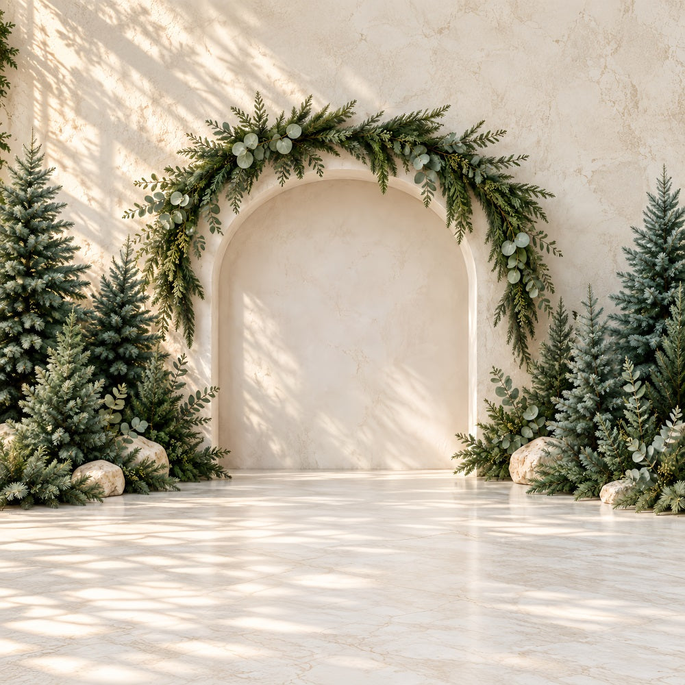 Photography Christmas Tree Backdrop Sunlit Evergreen Marble Arch Xmas Photo Backdrop UK HQ610-160