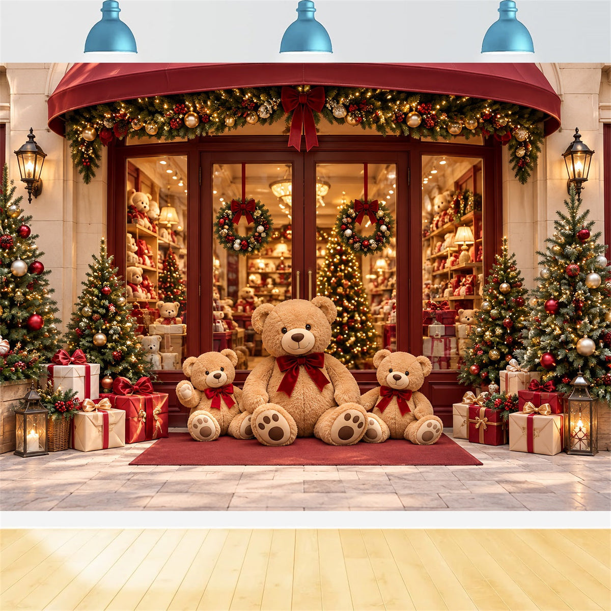 Christmas Store Backdrop Festive Teddy Bear Storefront Christmas Party Backdrops UK HQ610-161