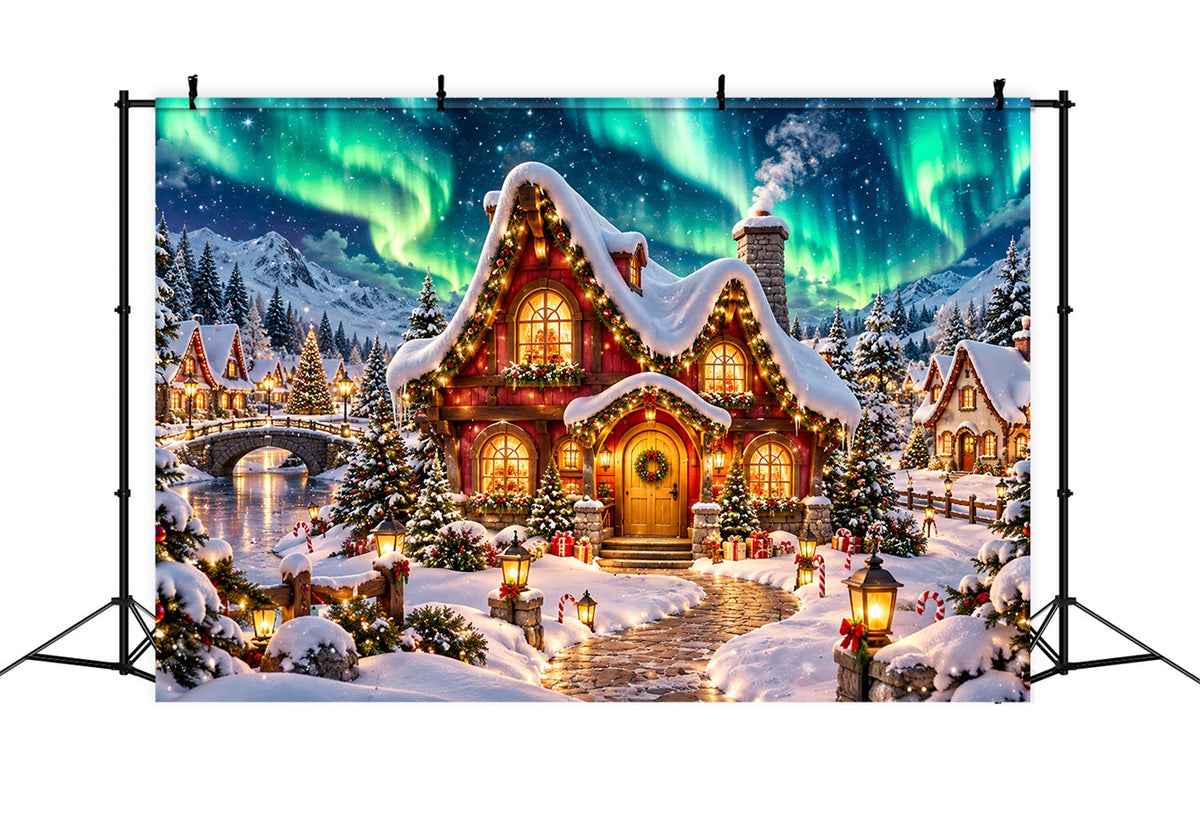 Christmas Elf Backdrop Glowing Aurora Snowy Cottage Christmas Photos Backdrop UK HQ610-162