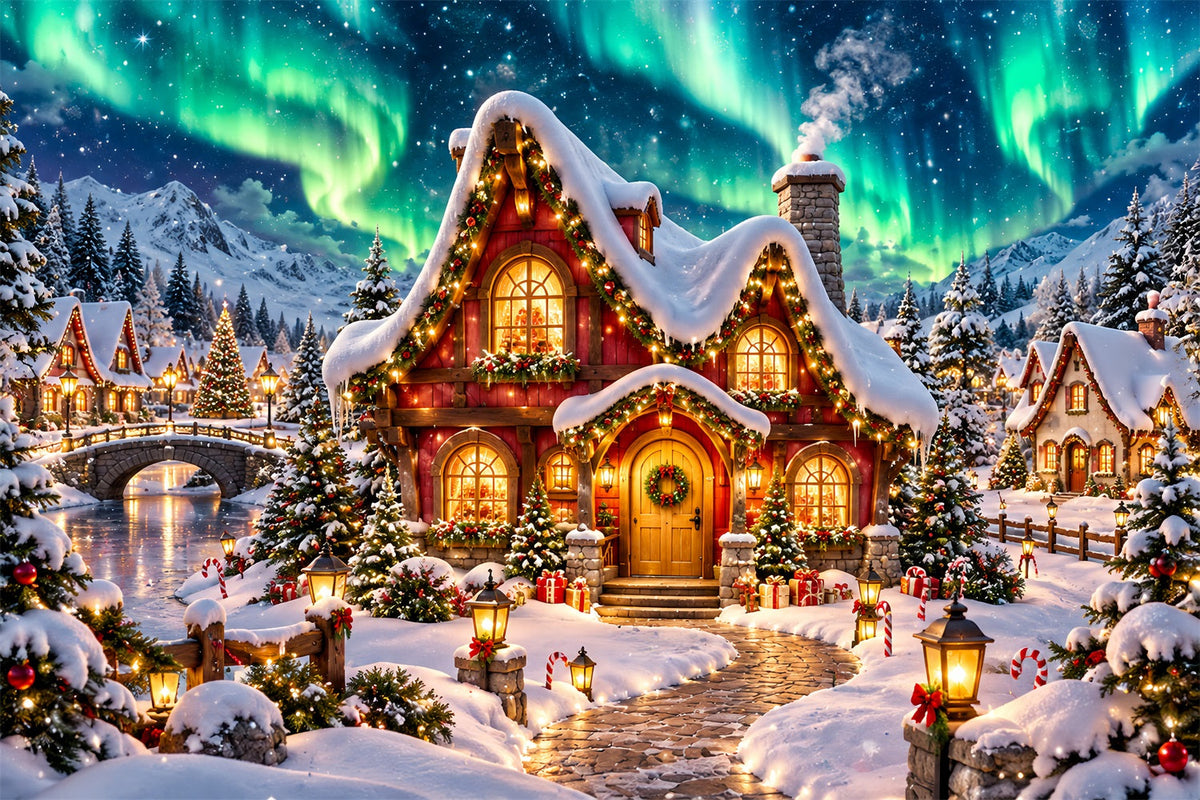 Christmas Elf Backdrop Glowing Aurora Snowy Cottage Christmas Photos Backdrop UK HQ610-162