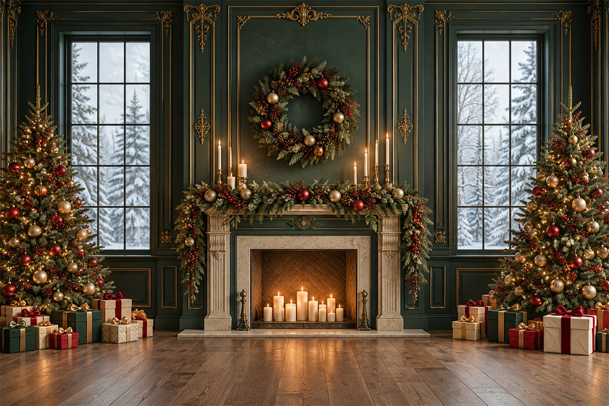 Living Room Christmas Backdrop Emerald Mantel Golden Garland Christmas Card Backdrops UK HQ610-163