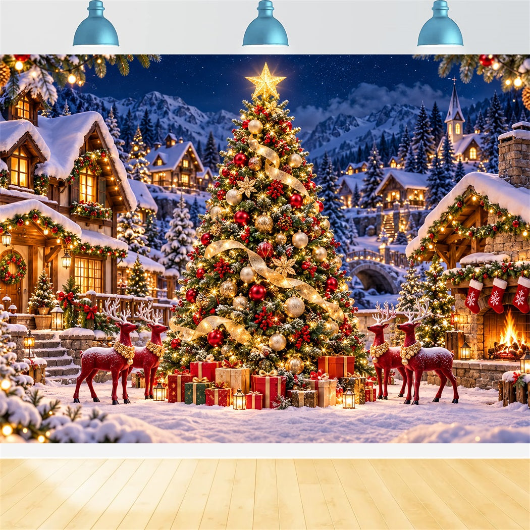 Retro Christmas Backdrop Reindeer Village Golden Tree Reindeer Photo Backdrop UK HQ610-165