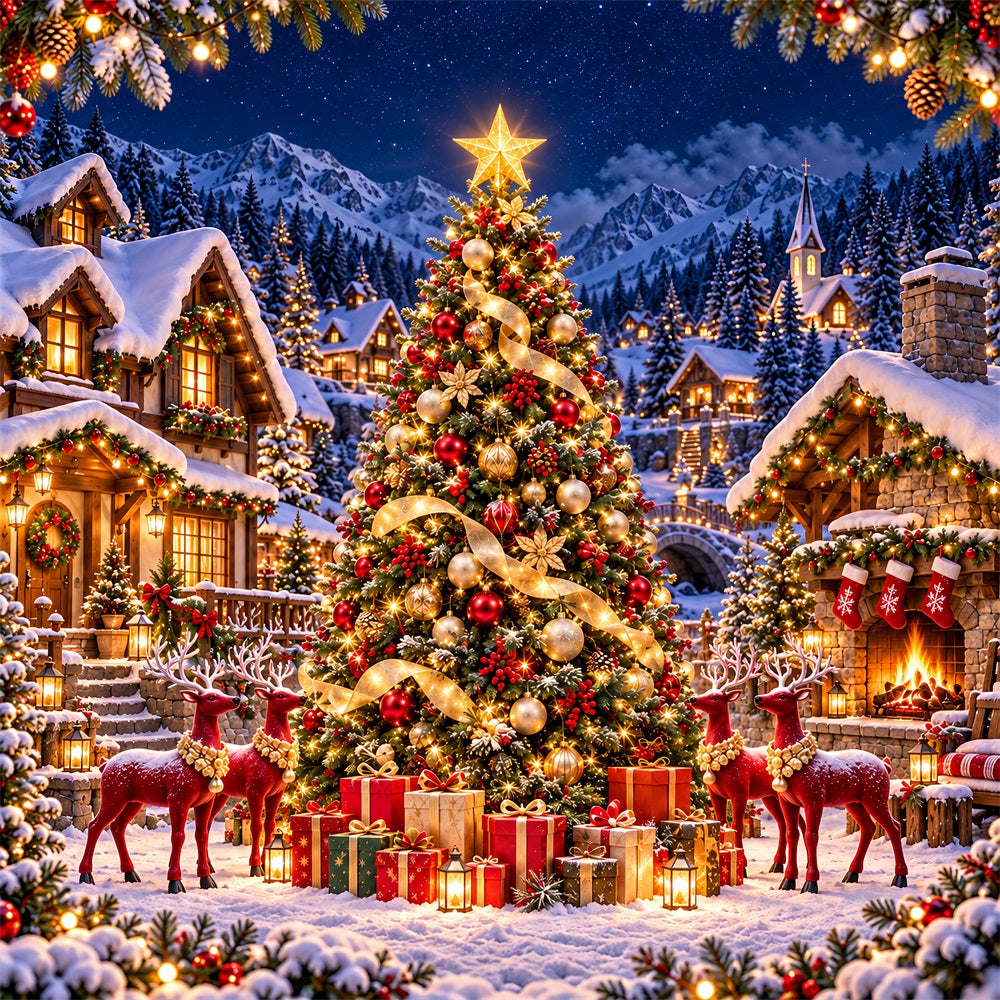 Retro Christmas Backdrop Reindeer Village Golden Tree Reindeer Photo Backdrop UK HQ610-165