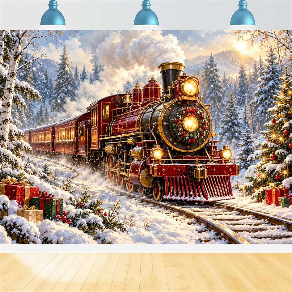 Professional Christmas Backdrop Burgundy Locomotive Snowy Forest Christmas Village Backdrop UK HQ610-167