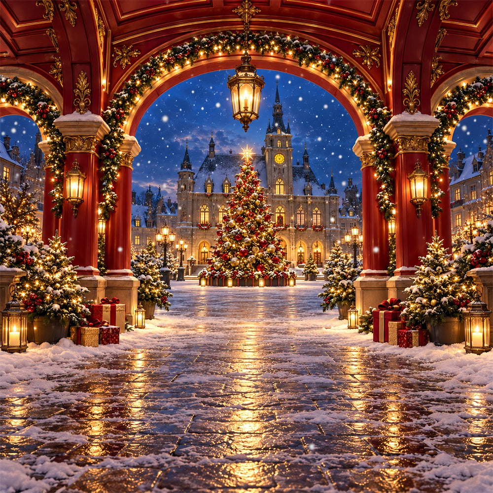 Christmas Arch Backdrop Crimson House Winter Village Christmas Party Picture Backdrop UK HQ610-170