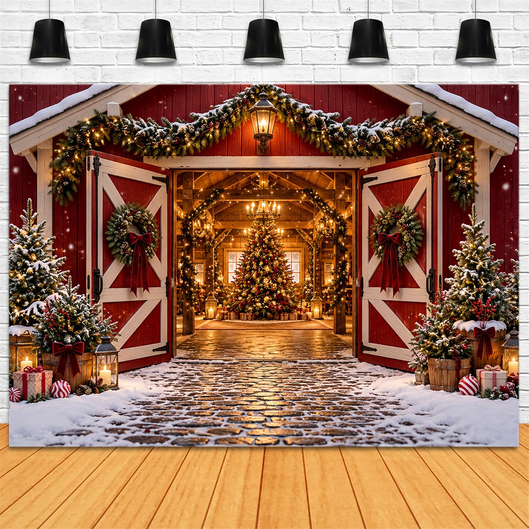 Christmas Tree Farm Backdrop Festive Red Barn Entrance Christmas Studio Backdrops UK HQ610-172