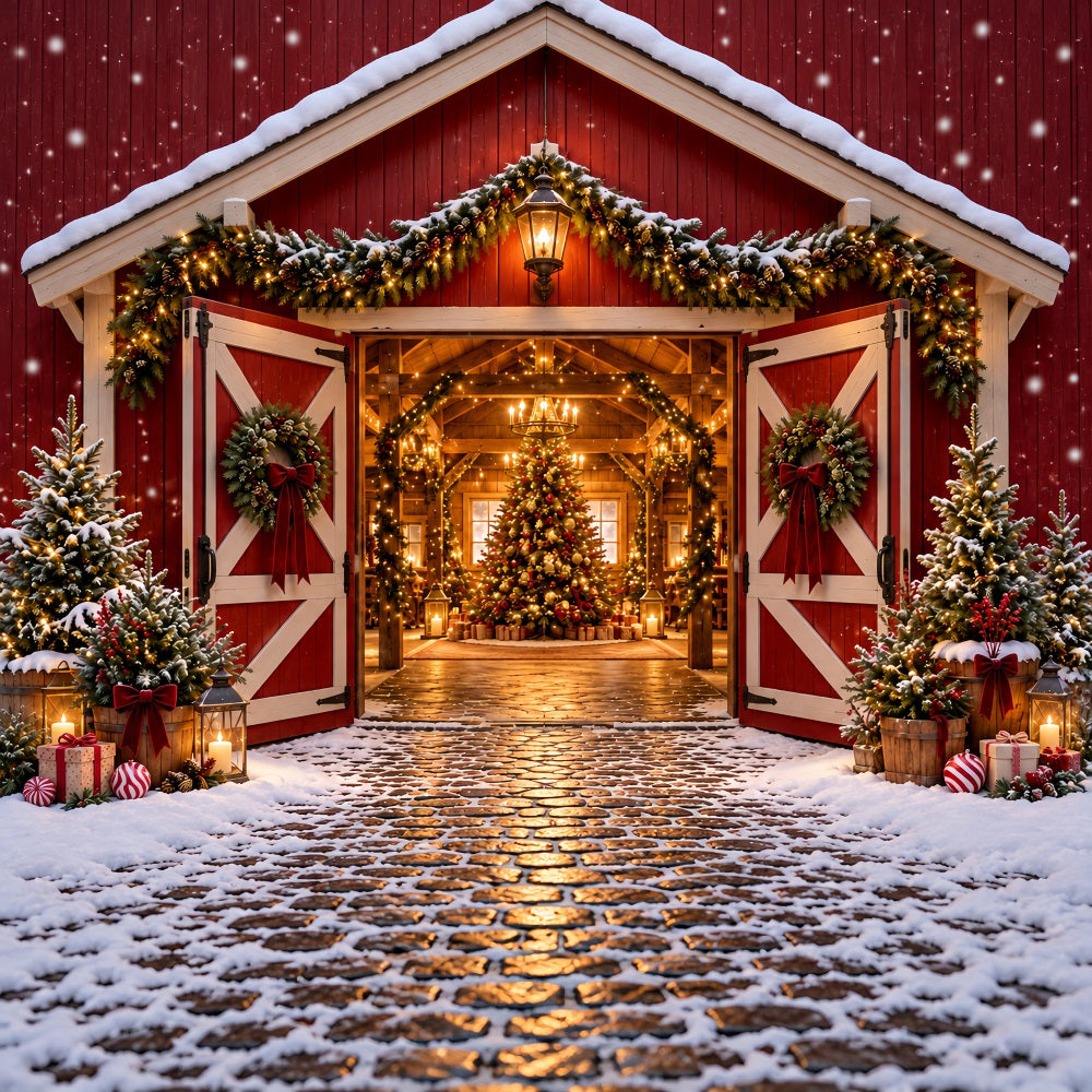 Christmas Tree Farm Backdrop Festive Red Barn Entrance Christmas Studio Backdrops UK HQ610-172