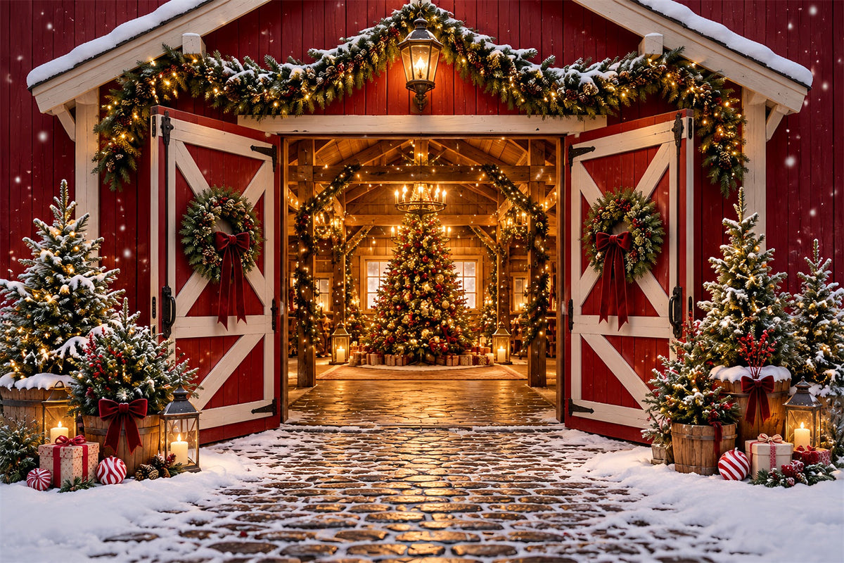Christmas Tree Farm Backdrop Festive Red Barn Entrance Christmas Studio Backdrops UK HQ610-172