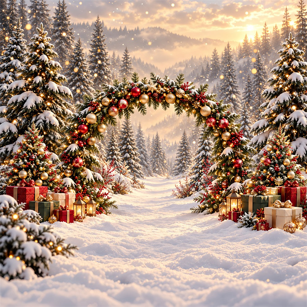 Christmas Backdrop Arch Golden Lights Evergreen Archway Christmas Pictures Backdrop UK HQ610-174