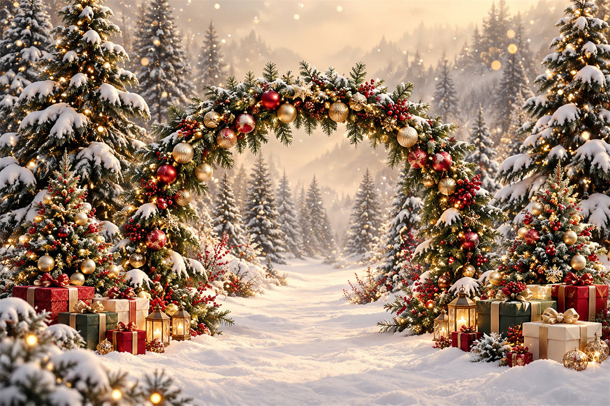 Christmas Backdrop Arch Golden Lights Evergreen Archway Christmas Pictures Backdrop UK HQ610-174