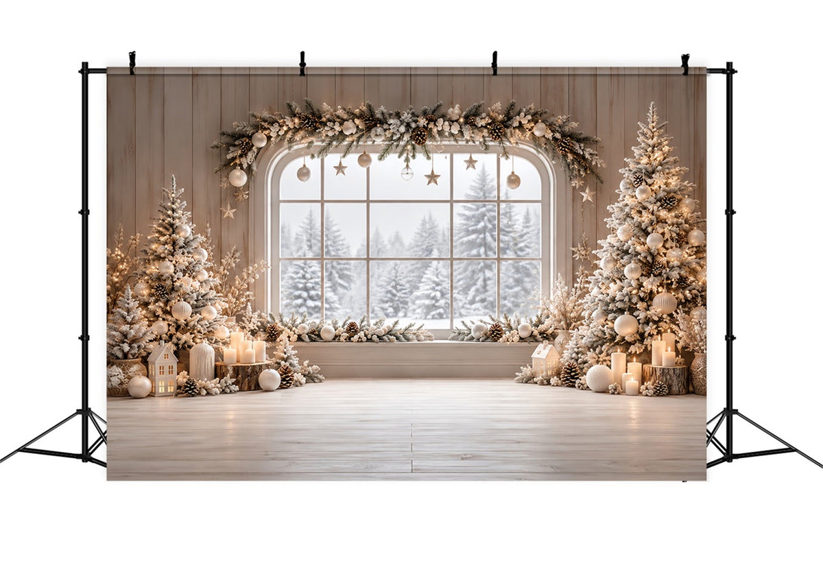 Christmas Window Backdrops Ivory Winter Cabin Garland Christmas Backdrop Wall UK HQ610-180