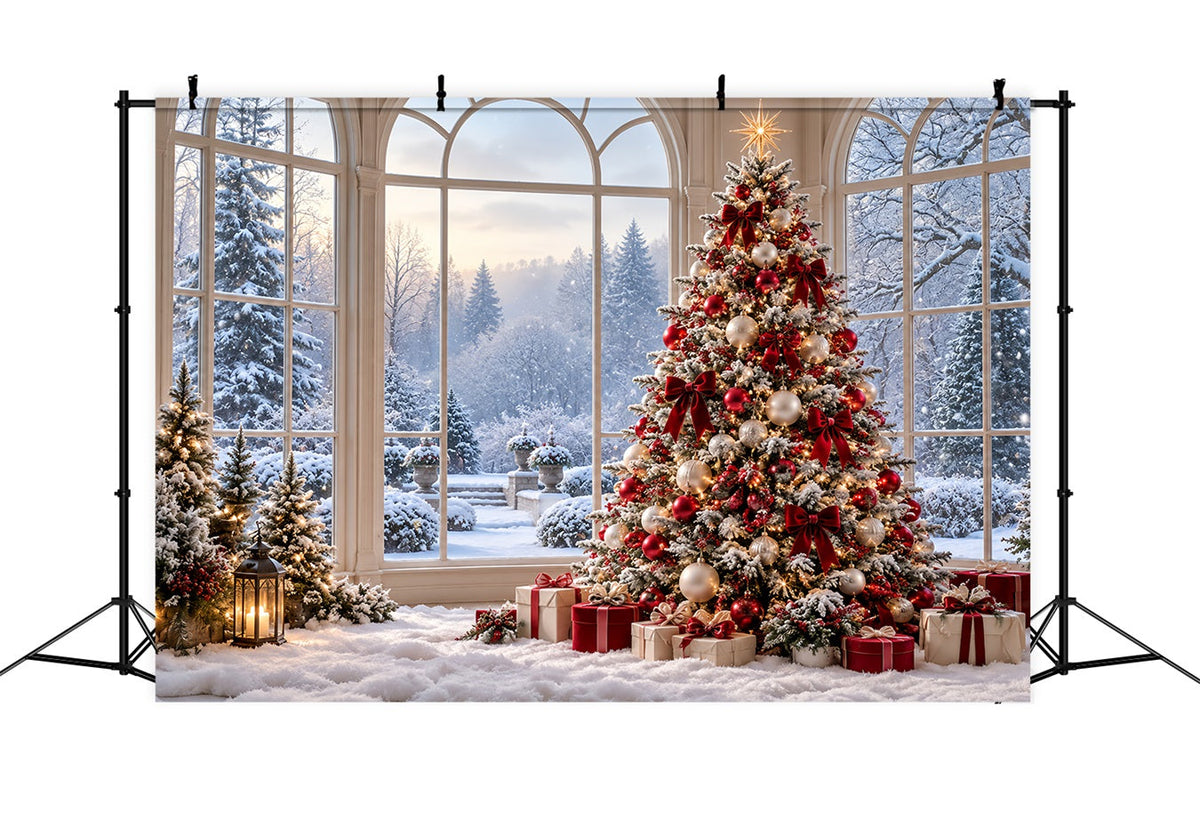 Christmas Forest Backdrop Snowy Window Decorated Tree Christmas Backdrop for Photo UK HQ610-183
