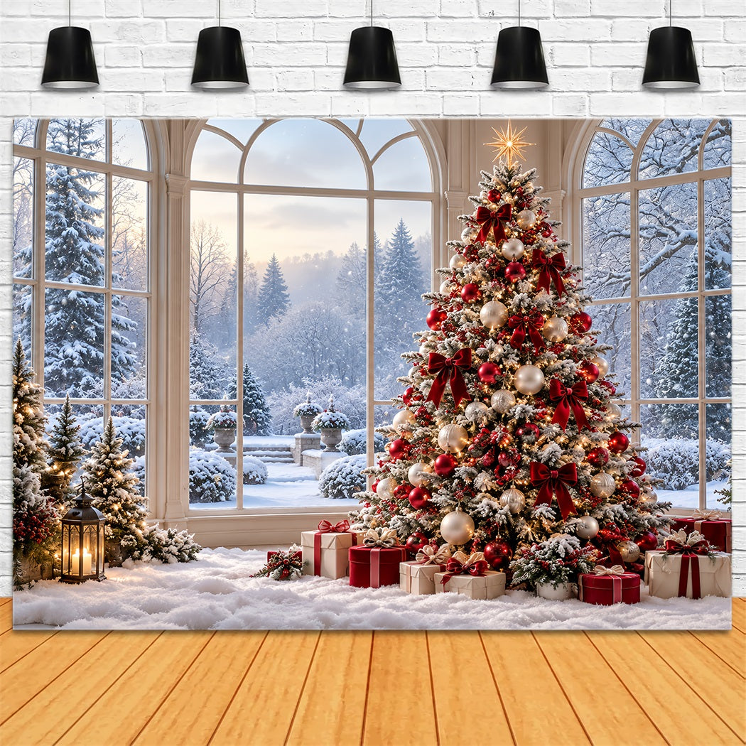 Christmas Forest Backdrop Snowy Window Decorated Tree Christmas Backdrop for Photo UK HQ610-183
